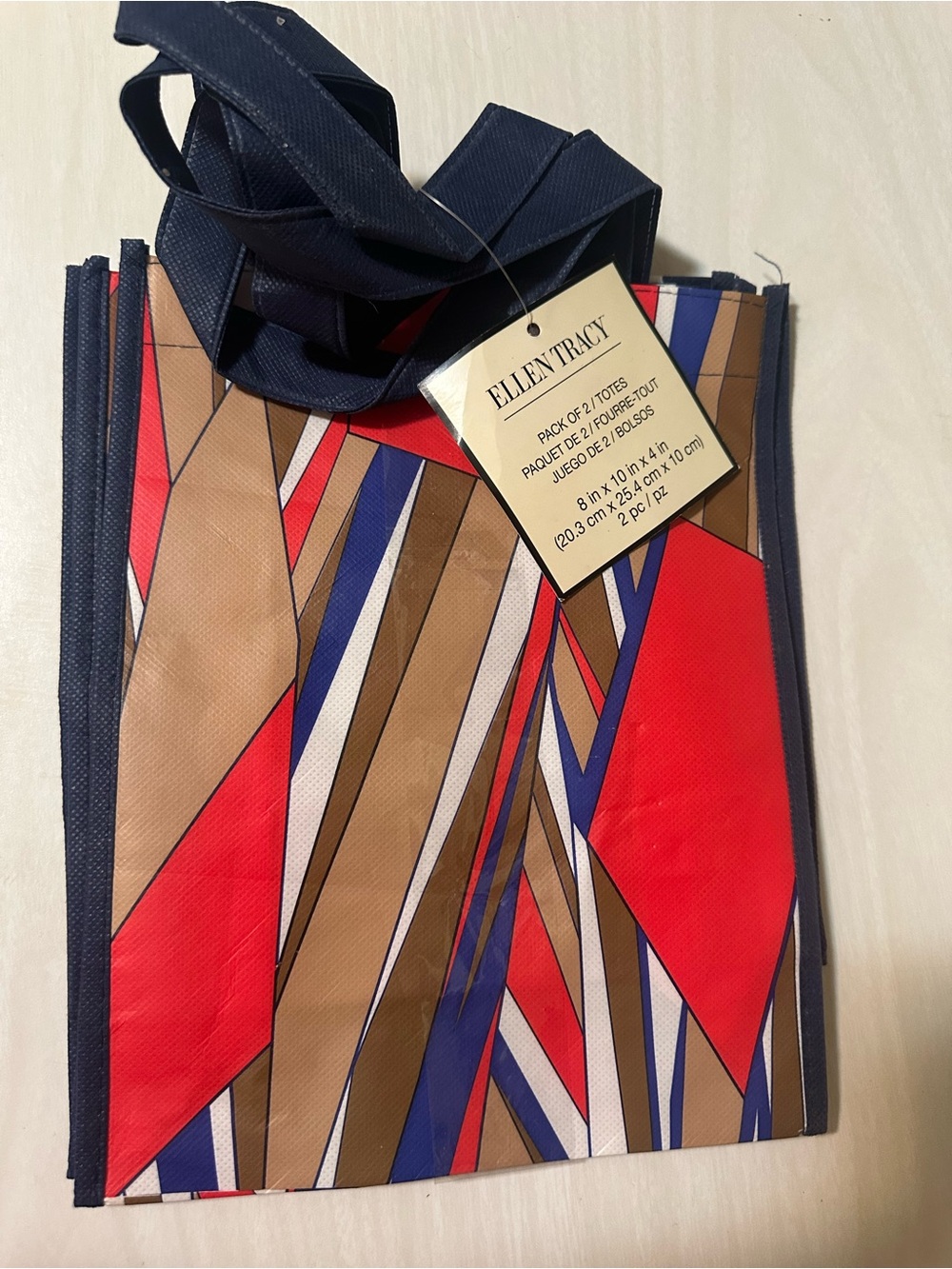 Ellen Tracy Geometric Tote in Red, Blue & Brown
